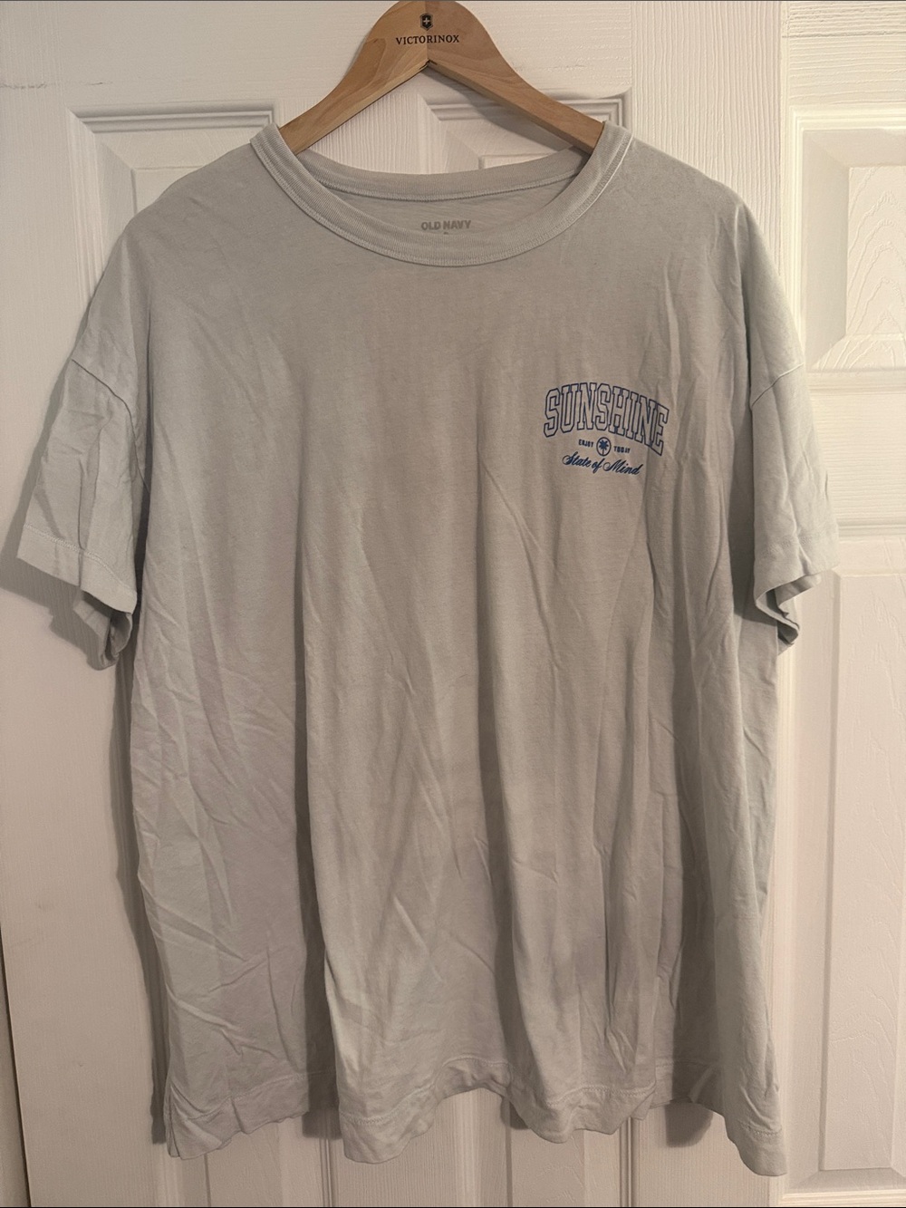 Old Navy Light Gray Tee with Blue 'Sunshine' Chest Graphic